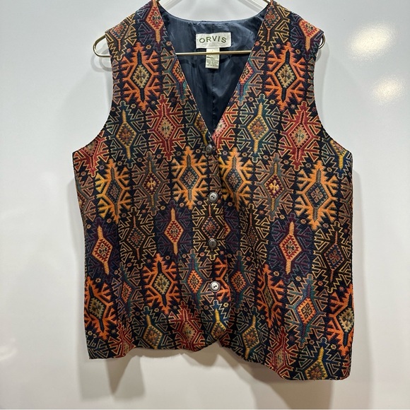 Womens Orvis Tribal‎ Vest Multi-Colored Navy Large Aztec Tapestry Boho Button - Picture 1 of 9